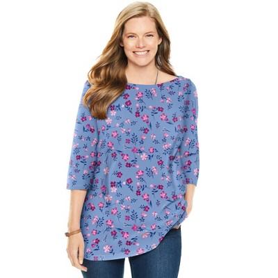 Woman Within Plus Size Perfect Printed Elbow-Sleeve Boatneck Tee