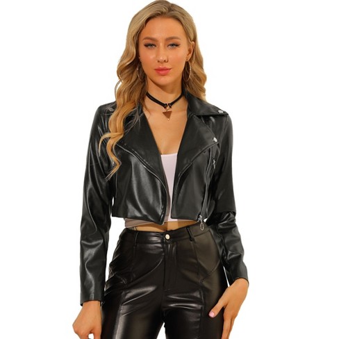 Allegra K Women's Faux Leather Long Sleeve Zipper Up Moto Cropped Jacket  Black X-Small
