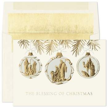Masterpiece Studios Holiday Collection 15-Count Boxed Religious Christmas Cards with Foil-Lined Envelopes, 5.6" x 7.8", Nativity Ornament Trio