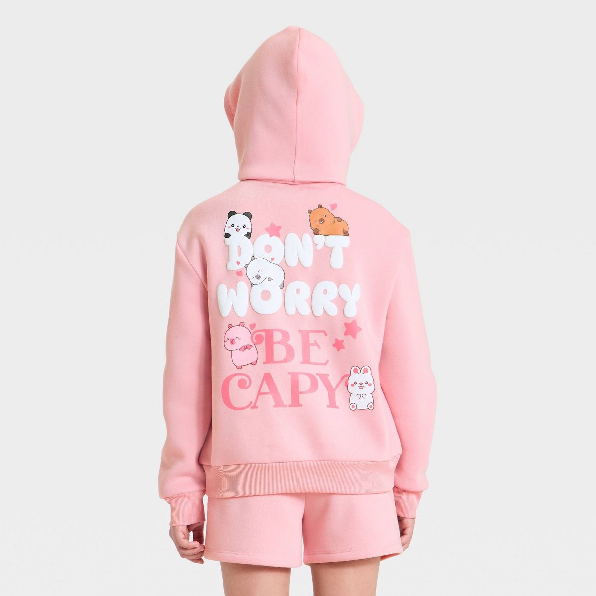 Girls' CapyFun "Don't Worry Be Capy" Front and Back Graphic Hooded Pullover Sweatshirt - Pink