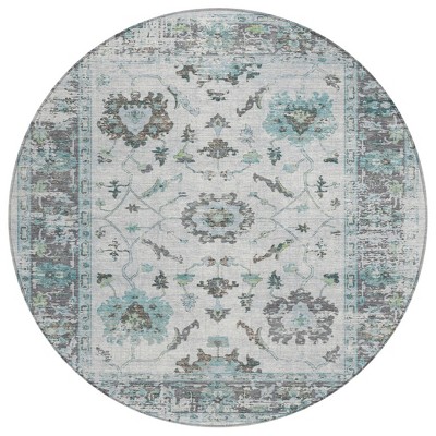 Teal Blue And Gray Floral Washable Indoor Outdoor Area Rug