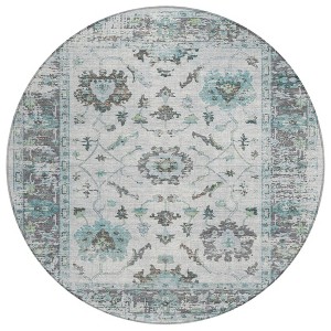 Teal Blue And Gray Floral Washable Indoor Outdoor Area Rug - 1 of 4