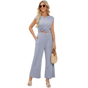 Womens Wide Leg Casual Jumpsuits Cap Sleeve Summer One Piece Outfits Crewneck Romper Criss Cross V-Back - 1 of 4