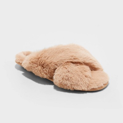 Women's Paris Crossband Faux Fur Slippers - Stars Above™ Tan L