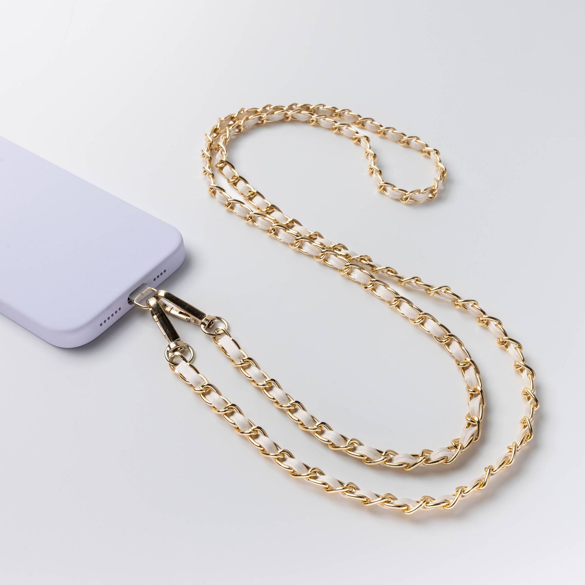 Hello Lux Phone Crossbody Strap - Golden Chain with Beige Faux Leather