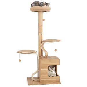 Tangkula Wooden Cat Tree 51" Tall Cat Tower w/ Cat Condo Plush Top Perch Jumping Platforms - 1 of 4