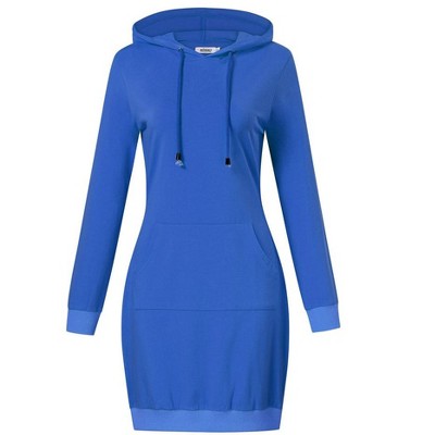 Women Long Sleeve Pocket Solid Color Pullover Hooded Tunic Dress