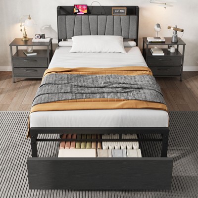 Garvee Twin Size Bed Frame with Upholstered Headboard, Industrial Twin Platform Bed with Storage Drawer and Charging Station, No Box Spring Needed
