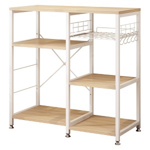 SEVOBAL Kitchen Storage 3 Tier White Oak Bakers Rack with Basket and Hooks for Microwave Stand and Organization, White, 38.98"*17.91"*5.12" - 1 of 4