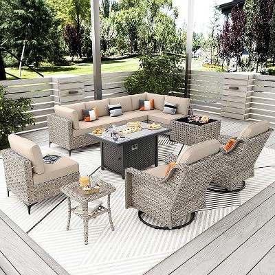 XIZZI 11-Piece Furniture Set with Rectangular Fire Pit Table, Sectional Sofa and Swivel Rocking Chairs, Furniture Set with Solar Coffee Table