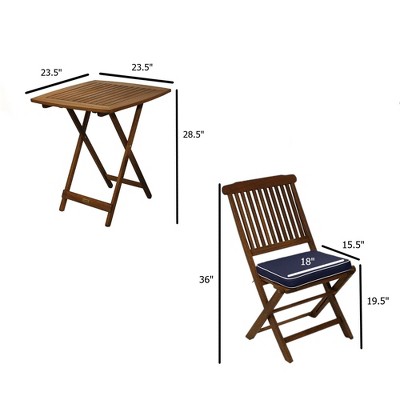 Eucalyptus Wood 3-Piece Foldable Bistro Set with Blue Cushions