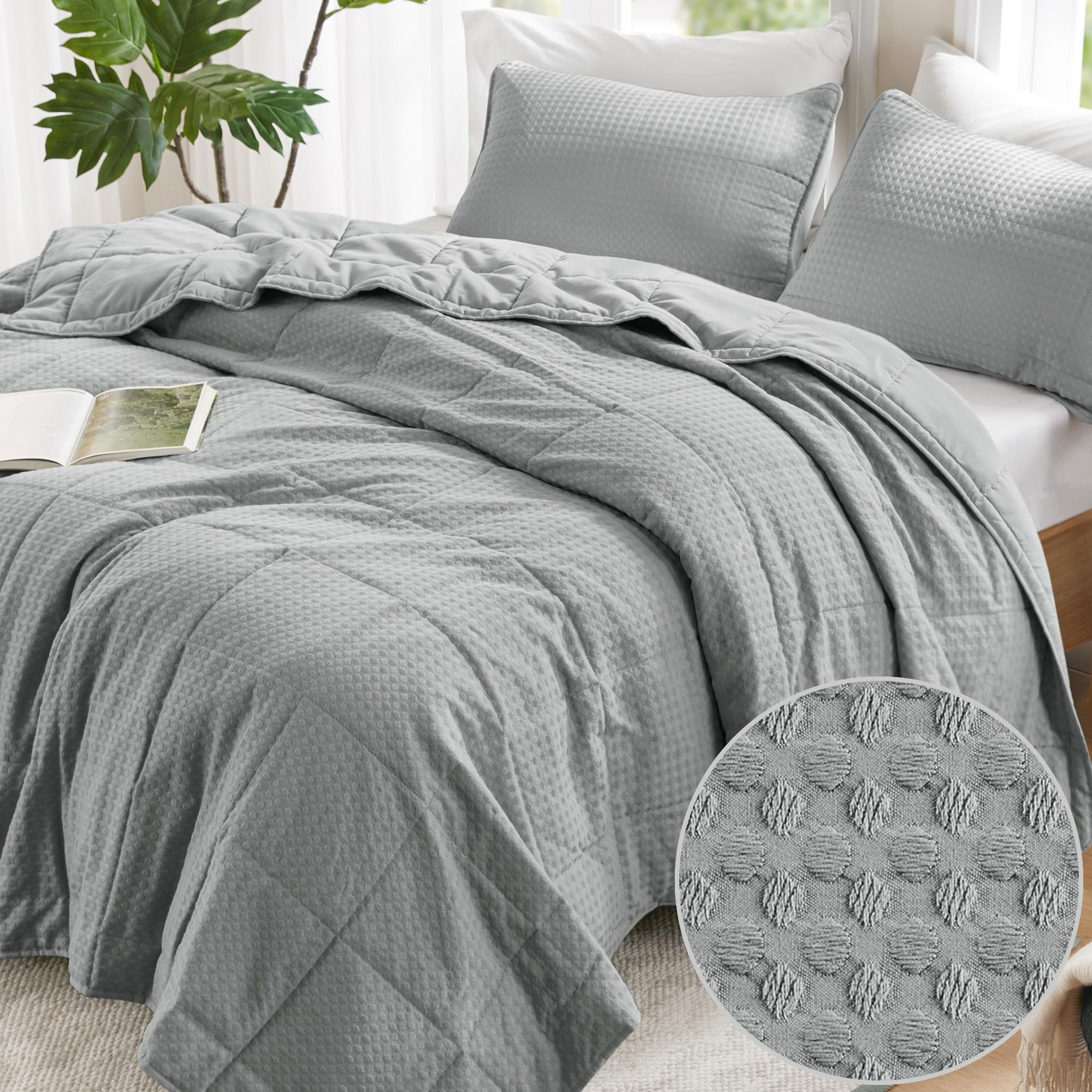 3 Pcs Waffle Weave Knit Lightweight Quilt Sets, Modern Elegant Chic Style Coverlet Set for All Season, Breathable Bed Set with Matching Shams