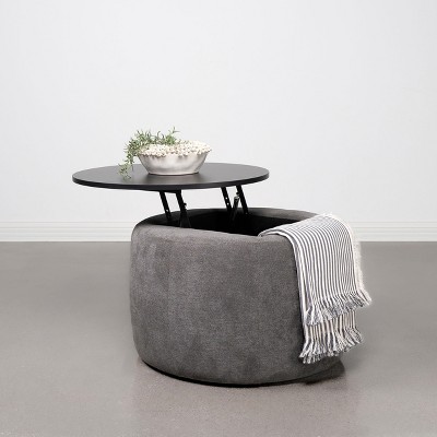Gray and Black Round Upholstered Lift-Top Storage Ottoman
