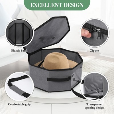 3-Pack Collapsible Hat Storage Box with Handles & Strap, 16.5" Large Cap Organizer for Travel & Closet, Gray - image 3