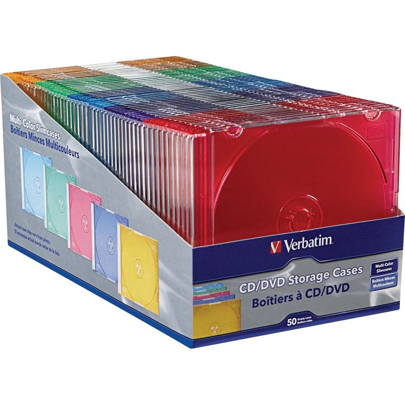 Verbatim CD/DVD Color Slim Jewel Cases, Assorted - 50pk - Jewel Case - Book Fold - Plastic - Blue, Green, Yellow, Purple, Pink - 1 CD/DVD""", 3 of 5