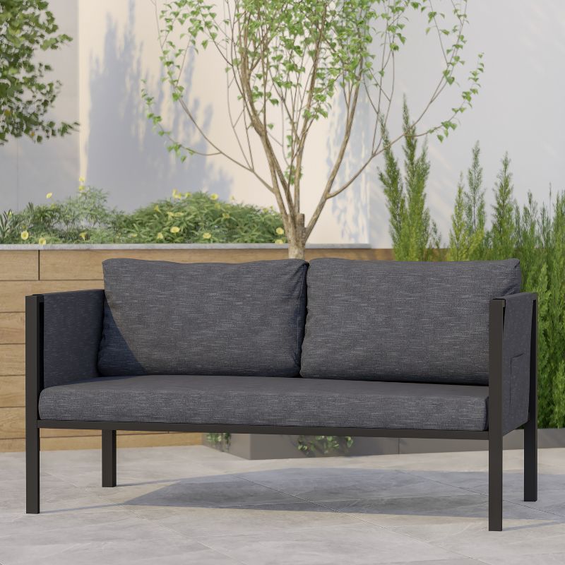 Emma and Oliver Indoor Outdoor Patio Loveseat, Steel Framed Club Chair with Cushions and 2 Storage Pockets, 3 of 11