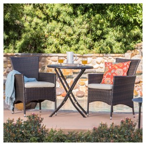 Malaga 3pc All-Weather Wicker Patio Bistro Set - Brown - Christopher Knight Home: Weather-Resistant, Cushioned Chairs - 1 of 4