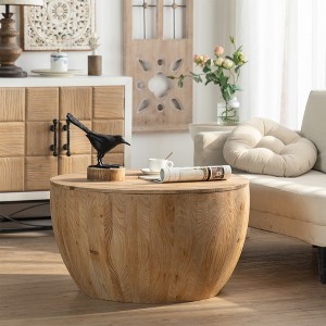 31.50"/ 35.43" Bucket Shaped Coffee Table Solid Wood+MDF Vintage Round Coffee Wood Table With Storage Space - 1 of 4