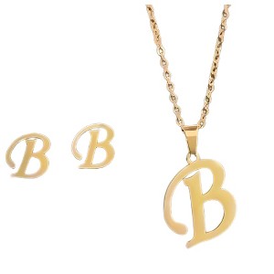 Initial Letter Pendant Necklace Earrings Set for Women Gold Plated Stainless Steel by Ginger Lyne - 1 of 4