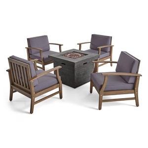 GDFStudio Easter Outdoor Acacia Wood 5 Piece Club Chair and Fire Pit Set with Cushions - 1 of 4