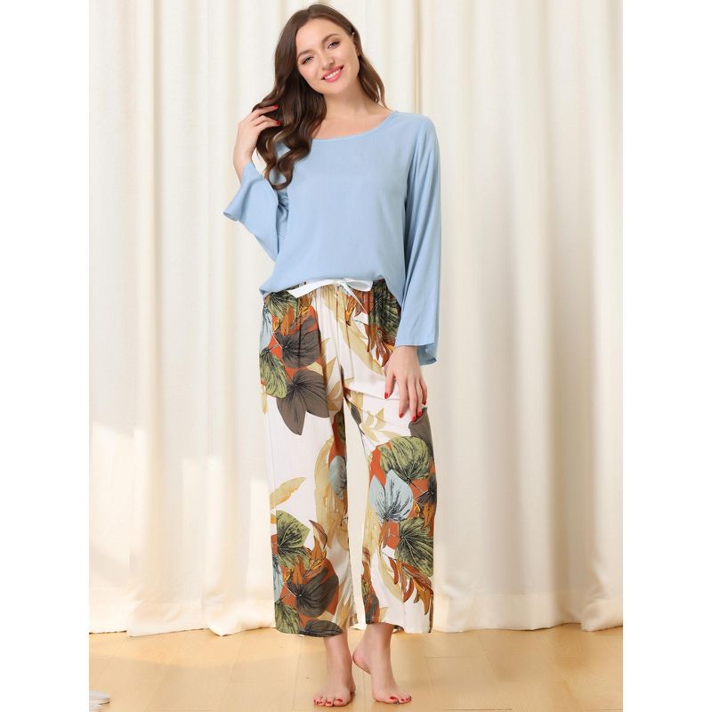 cheibear Womens 2pcs Long Sleeve Capri Pants Floral Lounge Set Sleepwear Pajama Sets, 2 of 6