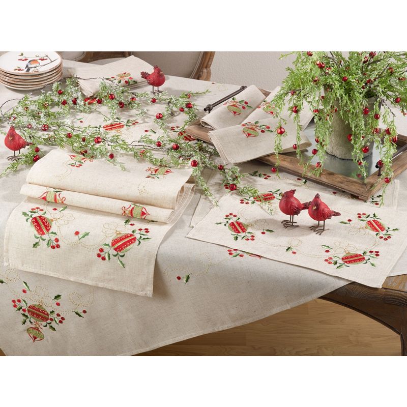 Saro Lifestyle Embroidered Ornament Holly Design Holiday Linen Blend Tablecloth, 4 of 6