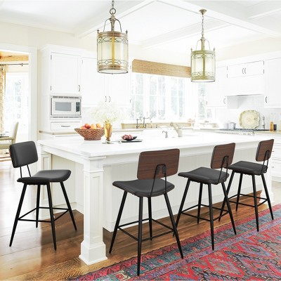 Arceso Bentwood Counter Height Bar Stool Set of 4, PU Leather Upholstered Barstools with Back, Bar Chairs 24.5 Inch