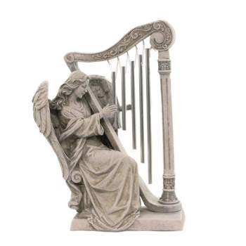 Home & Garden Angel With Harp  -  One Garden Statue 9.75 Inches -  Windchime Bereavement  -  68367  -  Polyresin  -  Gray