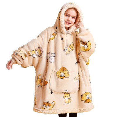 Joyfy Kids Wearable Blanket Hoodie for Kids Giant Pocket Sleeves FlaWarm Oversized Fleece Winter Sweatshirt Blanket Birthday Gift Cat