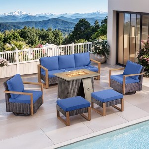 4 Pieces Patio Furniture Set with 41" Propane Fire Pit Table, Deep Seating Wicker Sofa Couch with Swivel Glider Chairs Set Patio Conversation Set - 1 of 4