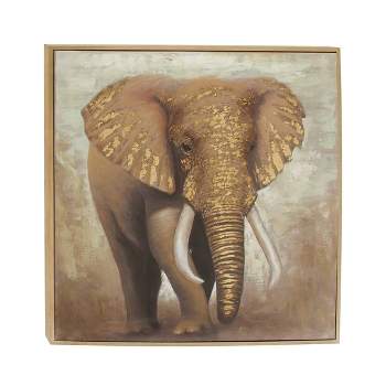 Traditional Canvas Elephant Framed Wall Art with Gold Frame Brown - Olivia & May