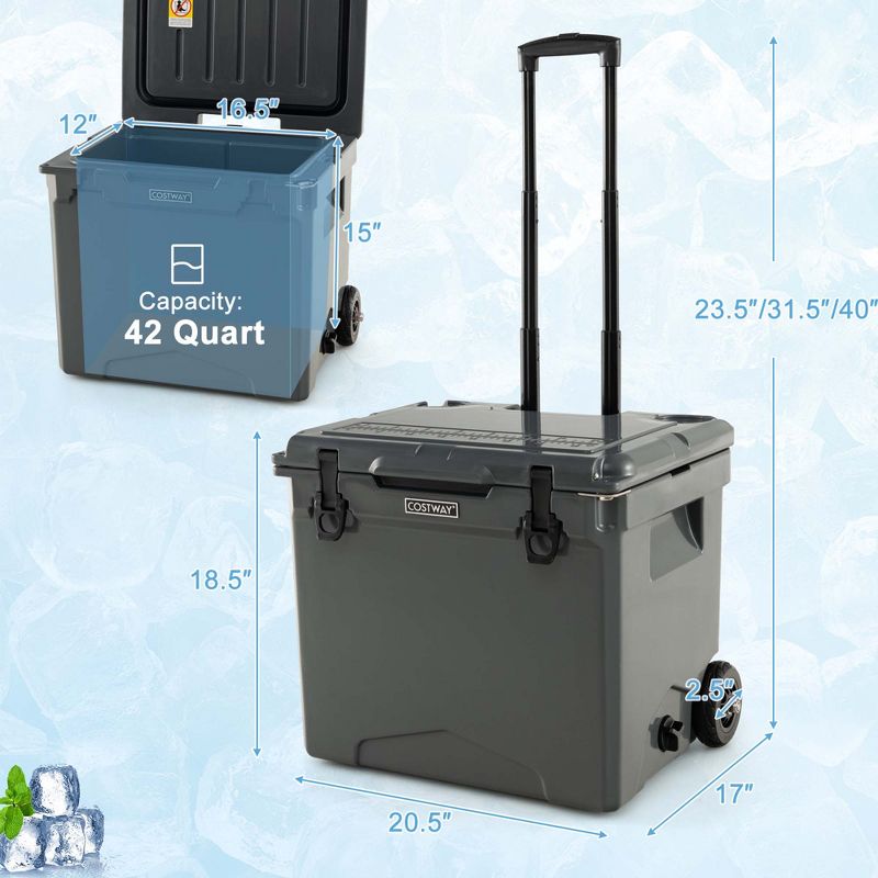 Costway 42 Qt Portable Cooler Roto Molded Ice Chest Insulated 5-7 Days with wheels Handle Charcoal/Tan, 3 of 11