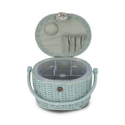 Small Soft Green Floral Oval Weaved Sewing Basket with Cord Handle