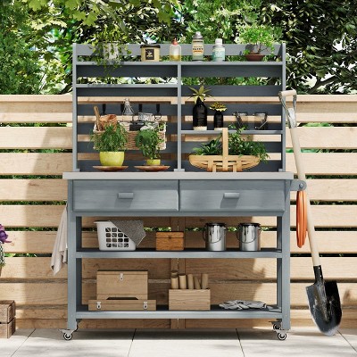 Coolbibila-64"H Outdoor Potting Bench Table With Lockable Wheels, Wood Outdoor Kitchen Island With Upper Hutch, Outdoor Storage For Grilling