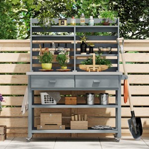 65''H Fir Wood Farmhouse Rustic Outdoor Potting Bench Table With Lockable Wheels,Upper Hutch,Stainless Steel Top And Towel Rack -Maison Boucle - 1 of 4