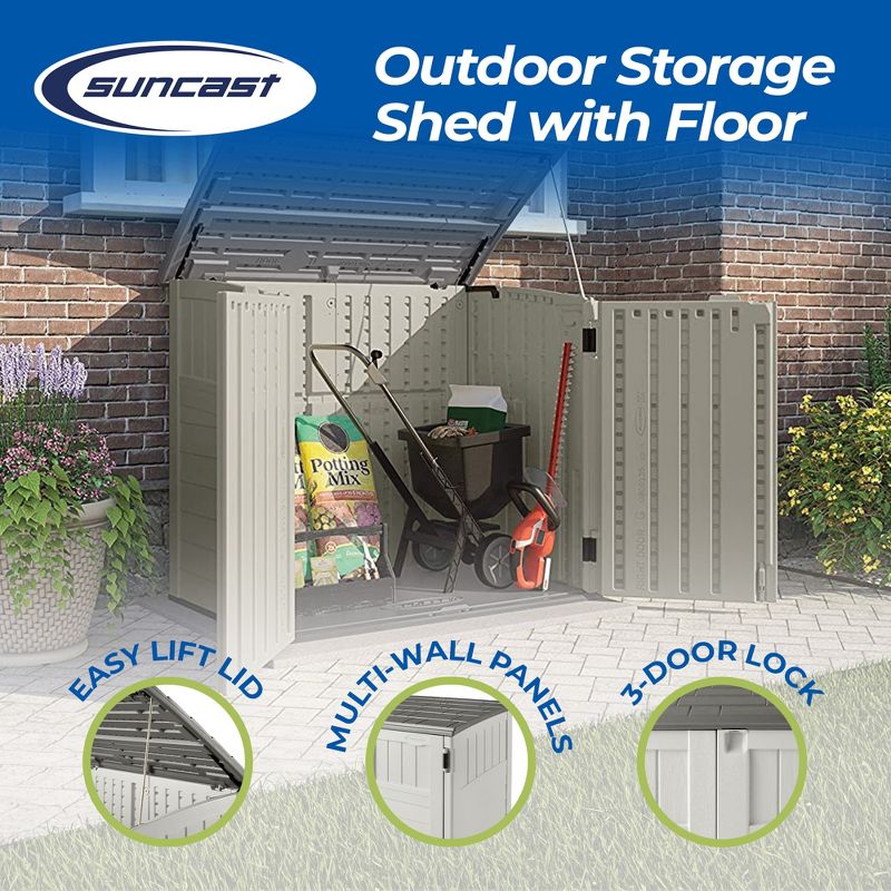 Suncast 34 Cubic Feet Capacity Horizontal Outdoor Storage Shed  for Garbage Cans, Garden Accessories, Backyard, and Patio Use, Vanilla, 2 of 7