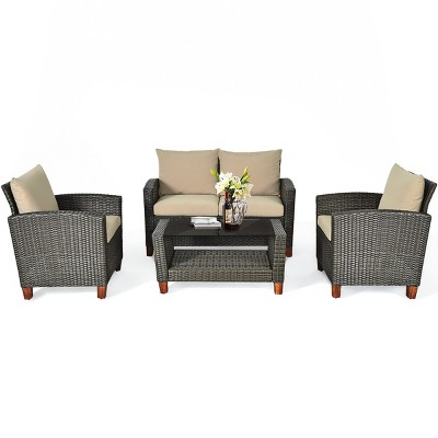 Tangkula 4PCS Cushioned Rattan Conversation Set w/ Coffee Table Patio Outdoor