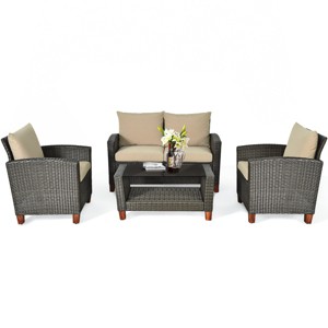 Tangkula 4PCS Cushioned Rattan Conversation Set w/ Coffee Table Patio Outdoor - 1 of 4