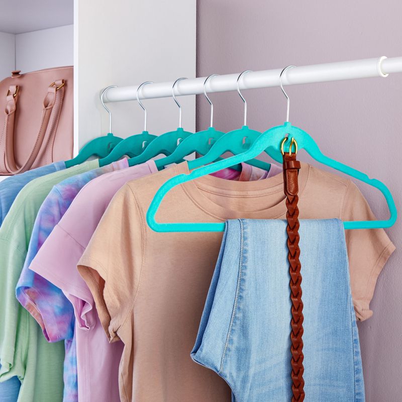 Juvale 50 Pack Non Slip Teal Velvet Clothes Hangers with Cascading Hooks Space Saving for Shirts, Coats, Pants, Suits, and Dresses, 17.5 Inches, 3 of 10