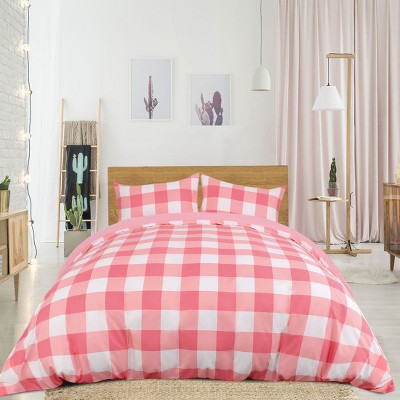 3 Pcs Microfiber Checkered Bedding Sets King Pink and White - PiccoCasa