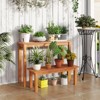 Tangkula Wooden Plant Stand Set of 2 w/ Teak Oil Finish Slatted Top Rustic Plant Rack - 2 of 4