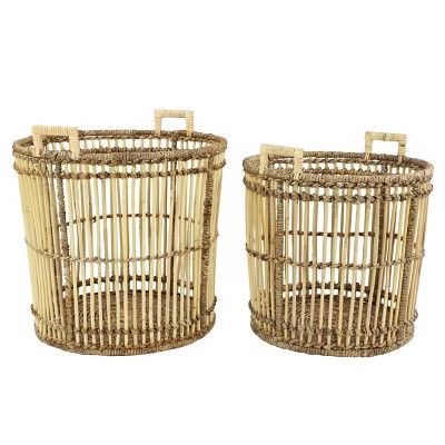 2pk Large Birdcage Shaped Natural Bamboo Baskets with Banana Leaf Detail - Olivia & May
