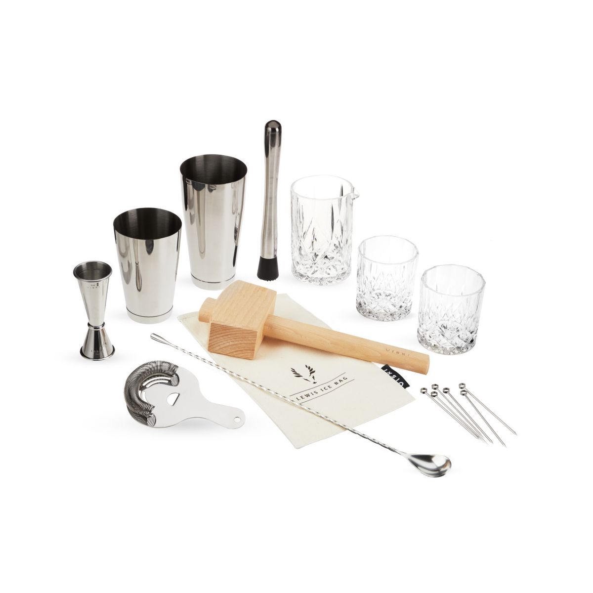 Viski 17-Piece Bartender Kit, Shakers Tins, Mixing Glass, Jigger, Muddler, Strainer, Spoon, Whiskey Glasses, Ice Bag, Mallet, Picks, Bar Gifts for Men - thumbnail 7