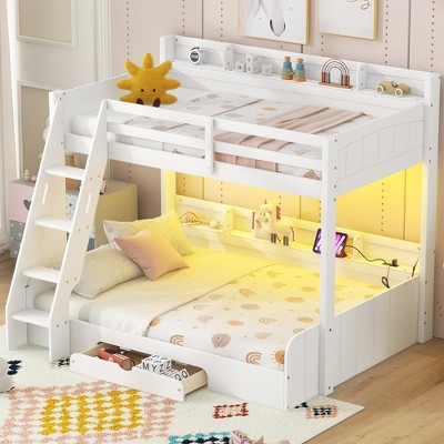 Twin over Full Bunk Bed with Storage Shelves, LED Lights, USB Charging Station & Drawer – White/Gray - ModernLuxe