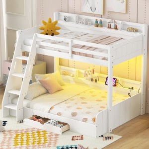 Twin over Full Bunk Bed with Storage Shelves, LED Lights, USB Charging Station & Drawer – White/Gray - ModernLuxe - 1 of 4