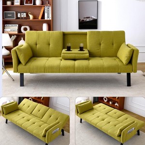 QingMoon 70" Convertible Sofa Bed, Foldable 2-Seater Futon Couch, with 2 Cup Holders, 2 Pillow and Side Storage for Living Room, Apartment - 1 of 4