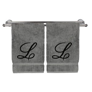 BC BARE COTTON Monogrammed Hand Towel, 100% Turkish Cotton - Set of 2 - Gray - Black Script - 1 of 4
