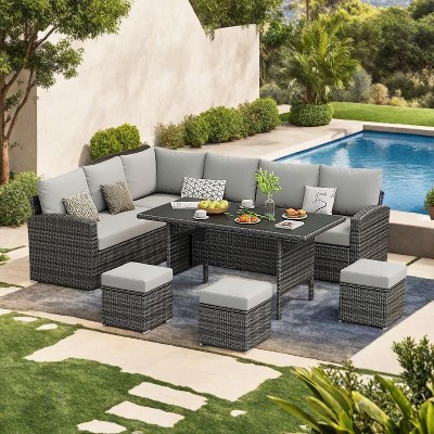 7-Pc Outdoor Patio Set - All-Weather Rattan Sectional w/Plastic Wood Table for Backyard/Poolside