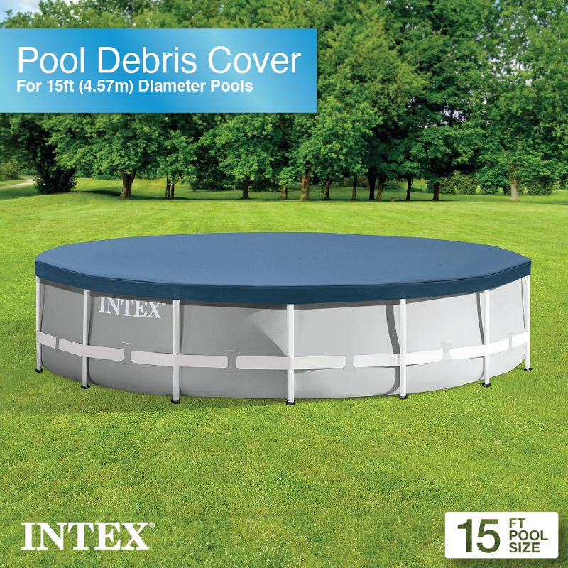 INTEX 28032E Pool Cover: For 15ft Round Metal Frame Pools – Includes Rope Tie – Drain Holes – 10in Overhang – Snug Fit, 2 of 7