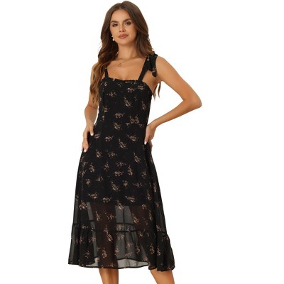 Allegra K Women's Floral Self Tie Spaghetti Straps Sleeveless Ruffle Hem Midi Sundresses